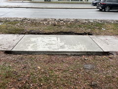 Freshly poured concrete sidewalk section with wet surface adjacent to a grass and dirt area by the roadside.