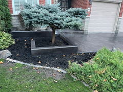 Stamped concrete driveway and walkway with a raised square planter bed around a small evergreen tree in a landscaped front yard.