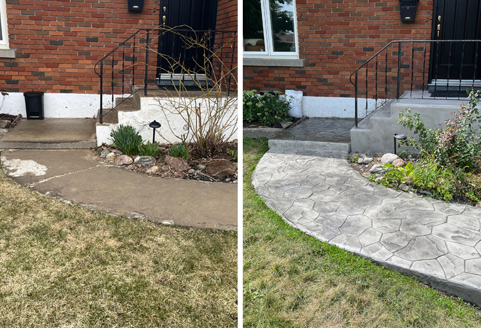 Resurfacing With Stamped Concrete Layer using random stone pattern in grey and white colour