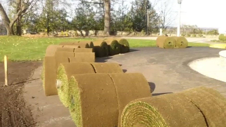 large sod rolls waiting for re-sodding